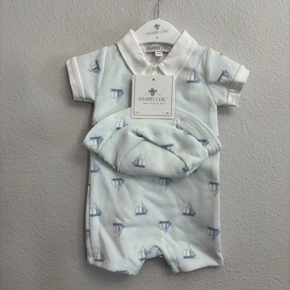 Shabby Chic Kids 3/6M Blue Sailboat Romper Hat Set NEW Nautical Snap Romper